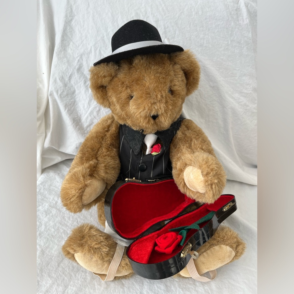 *Vintage Vermont Teddy Bear “Gangster of Love” with Black Hat and Case.